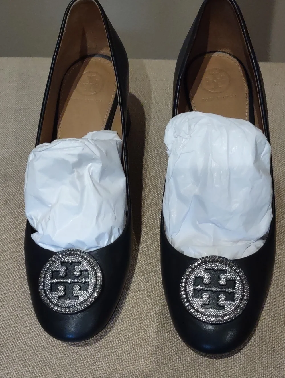 Tory Burch Black Leather Chunky Heel with Crystal Logo Medallion